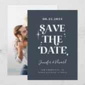 Retro Midnight Blue Save the Date Card (Vorne/Hinten)