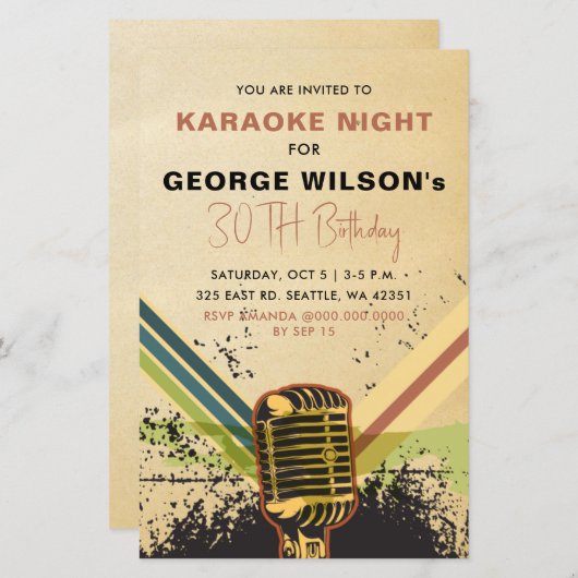 Retro-Mikrofon Karaoke-Party Einladung (Vorne/Hinten)