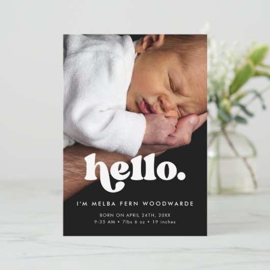 Retro Minimalist Hello Baby Foto Birth Ankündigung (Stehend Vorderseite)