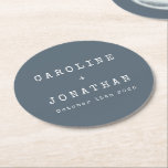 Retro Minimalistisch Dark Blue Schreibmaschine Wed Runder Pappuntersetzer<br><div class="desc">Retro Minimalistische Schreibmaschine Schriftart Custom Wedding Round Paper Untersetzer in Dark Dusty Blue</div>