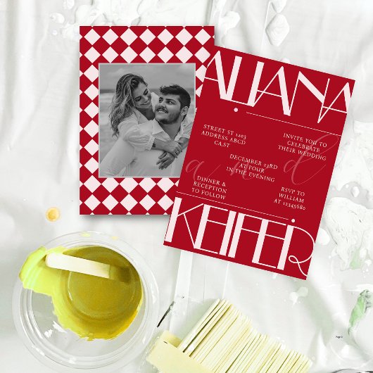 Retro Minimalistisch geprüfte Muster Red Wedding Einladung