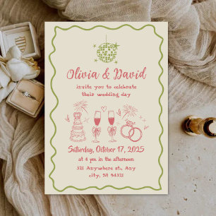 Retro minimalistische handgezeichnete rosa, grüne  einladung