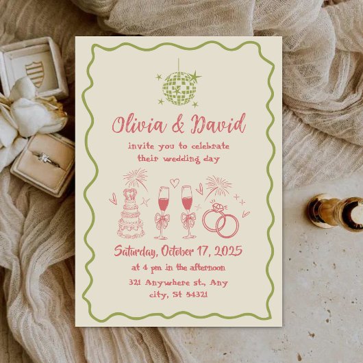 Retro minimalistische handgezeichnete rosa, grüne  einladung