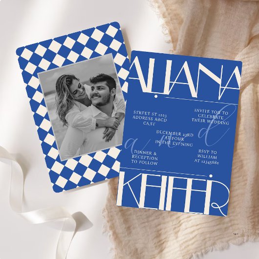 Retro Minimalistisches Prüfmuster Blaue Hochzeit Einladung