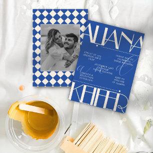 Retro Minimalistisches Prüfmuster Blaue Hochzeit Einladung