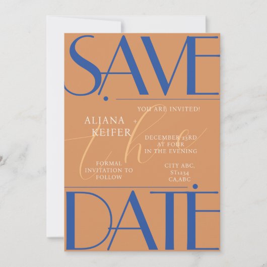Retro Minimalistisches Prüfmuster Blaue Hochzeit Save The Date (Vorderseite)