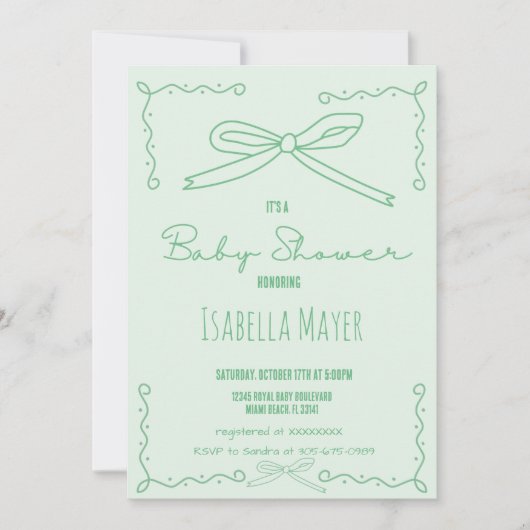 Retro Mint Green Hand Draw Babydusche Einladung (Vorderseite)