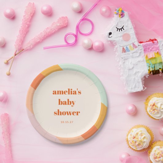 Retro Mint Orange Boho Streifen Custom Baby Dusche Pappteller (Party)