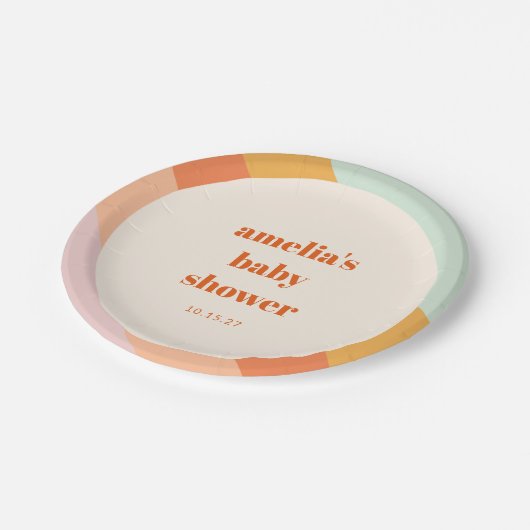 Retro Mint Orange Boho Streifen Custom Baby Dusche Pappteller (Schrägansicht)