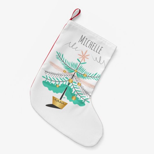 Retro Mint Pink Gold Weihnachtsbaum Monogram Kleiner Weihnachtsstrumpf (Vorderansicht (hängend))