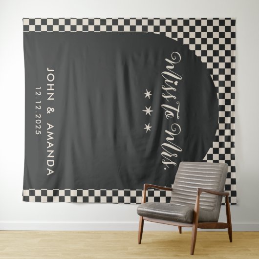 Retro Miss zu Mrs. Brautparty Black Mod Modern Wandteppich (Beispiel (Horizontal))