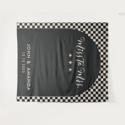 Retro Miss zu Mrs. Brautparty Black Mod Modern Wandteppich (Vorderseite (Horizontal))