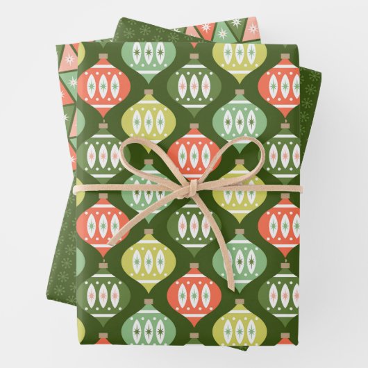 Retro Mitte des Jahrhunderts Rot & Olivenöl Grün W Geschenkpapier Set (Beispiel)