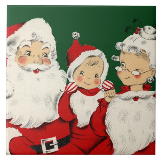 Retro-Mitte-des-Jahrhunderts Santa-Familie – Kitsc Fliese (Vorderseite)