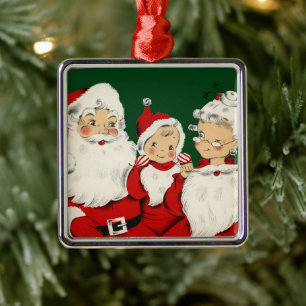 Retro-Mitte-des-Jahrhunderts Santa-Familie – Kitsc Ornament Aus Metall