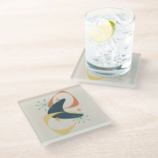 Retro Mitte Jahrhundert Atomkohle Abstrakt Glasuntersetzer (Schrägansicht)