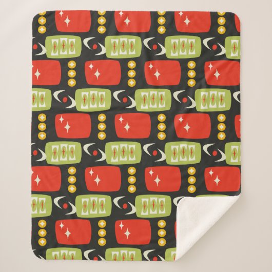 Retro Mitte Jahrhundert Atomschwarz rotes grünes M Sherpadecke (Vorderseite)