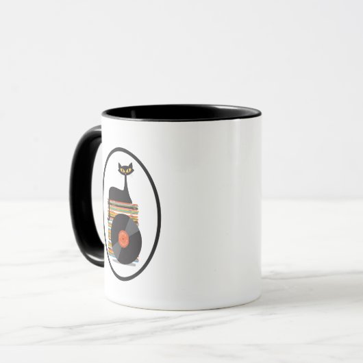 Retro Mitte Jahrhundert Moderne schwarze Katze mit Tasse (Vorderseite Links)