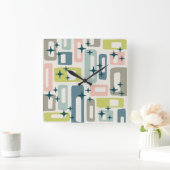 Retro Mitte Jahrhundert Modernes Abstraktes Muster Quadratische Wanduhr (Zuhause)