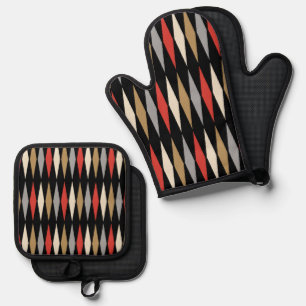 Retro Mitte Jahrhundert Modernes Diamantmuster Ofenhandschuh & Topflappen-Set