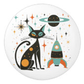 Retro Mitte Jahrhundert Modernes Katzen-Raumschiff Keramikknauf (Vorderseite)