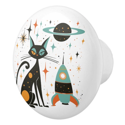 Retro Mitte Jahrhundert Modernes Katzen-Raumschiff Keramikknauf (Rechts)