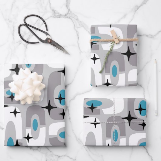 Retro Mitte Jahrhundert Modernes kosmisches Abstra Geschenkpapier Set (Vorderseite)