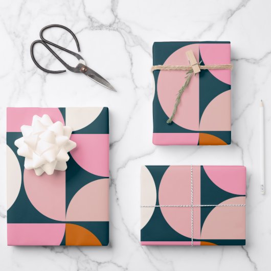Retro Mitte Jahrhundert Modernes Muster Blau Rosa Geschenkpapier Set (Vorderseite)