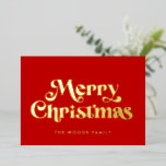Retro Mitte Jahrhundert Rot Frohe Weihnachten Folien Feiertagskarte<br><div class="desc">Fröhliche Weihnachtskarte: Klassisches Retro-Design,  mit einer modernen Typografie in Goldfolie und einem klassischen roten Hintergrund.</div>