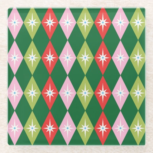 Retro Mitte Jahrhundert Rot, Rosa & Grün Weihnacht Glasuntersetzer (Vorderseite)