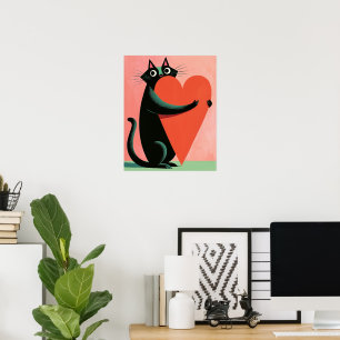 Retro-Mittelalterliche schwarze Katze umarmt Herz Poster