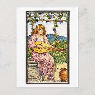 Retro-mittelalterliches Mädchen, das Laute in eine Postkarte