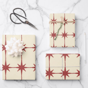 Retro Mitteljahrhundert Moderne Sterne Dusky Red & Geschenkpapier Set