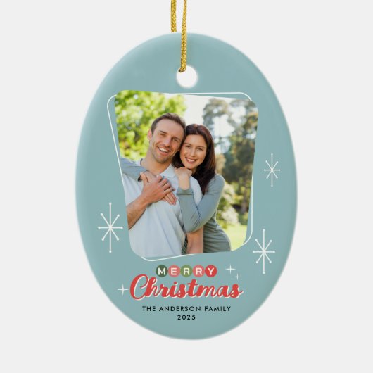 Retro Mitteljahrhundert Modernes Foto Weihnachten Keramik Ornament (Hinten)