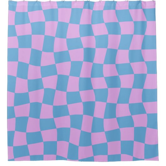 Retro Mod Abstrakt Checkerboard in Blau und Lila Duschvorhang (Vorderseite)