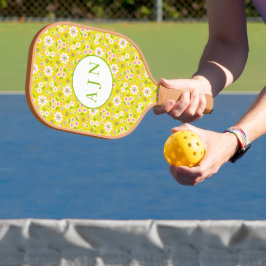 Retro-Mod-Blume Gelb-Weiß-Monogramm Pickleball Schläger