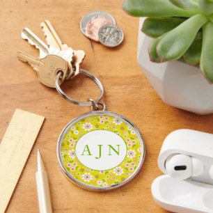 Retro-Mod-Blume Gelb-Weiß-Monogramm Schlüsselanhänger