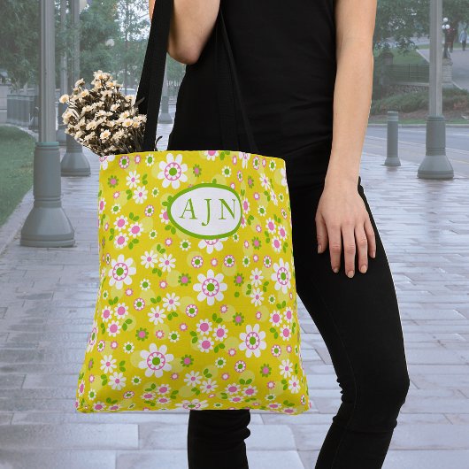 Retro-Mod-Blume Gelb-Weiß-Monogramm Tasche