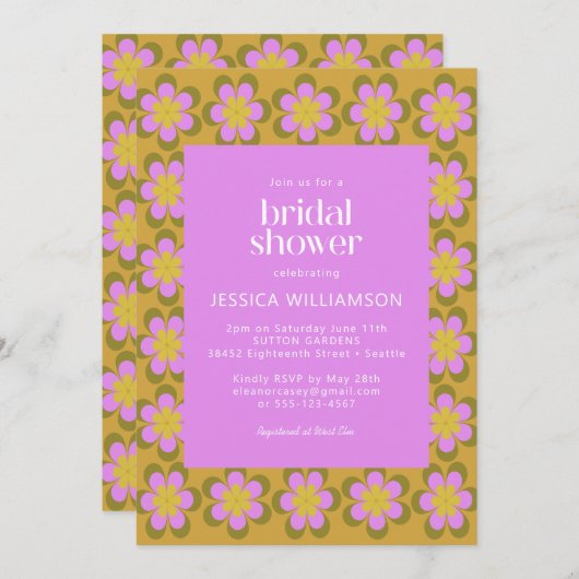 Retro-Mod-Blume Lila und Gelb-Brautparty Einladung (Vorne/Hinten)