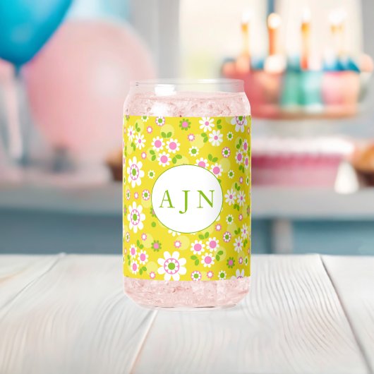 Retro Mod Blumen Gelb & Weiß Monogramm Dosenglas (Insitu (Baby Party))