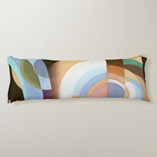 Retro Mod Brown and Blue Grapic Circle Pattern Seitenschläferkissen (Rückseite)