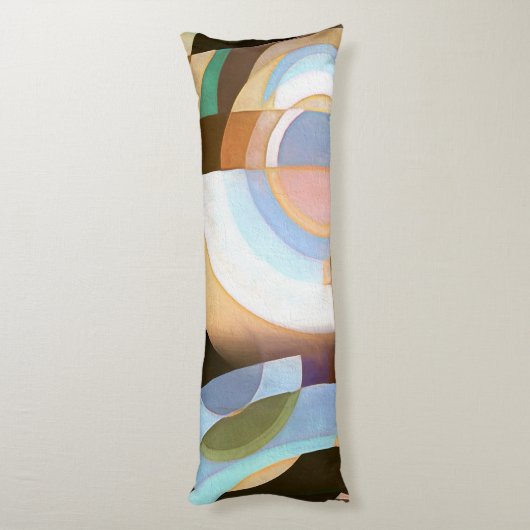 Retro Mod Brown and Blue Grapic Circle Pattern Seitenschläferkissen (Rückseite (Vertikal))