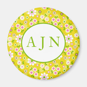 Retro Mod Flowers Yellow & White Monogram   Magnet