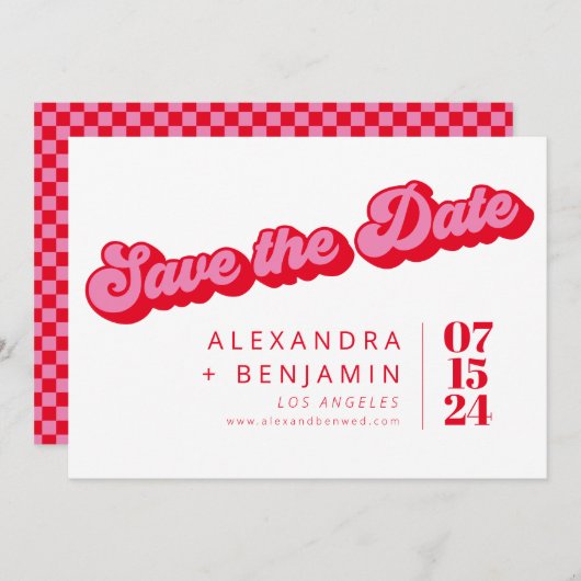 Retro Mod Groové Bold Rosa Red Checkerboard Save The Date (Vorne/Hinten)