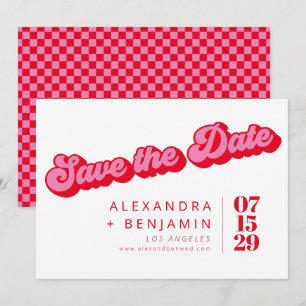 Retro Mod Groové Bold Rosa Red Checkerboard Save The Date
