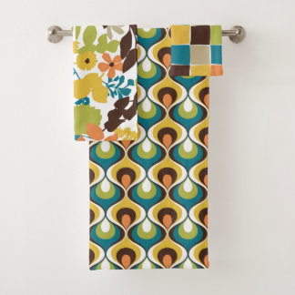 Retro Mod Muster Aquamarin Orange Mustard Green Badhandtuch Set