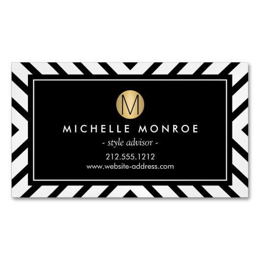 Retro Mod Muster Gold Monogramm Magnetic Magnetische Visitenkarte (Vorderseite)