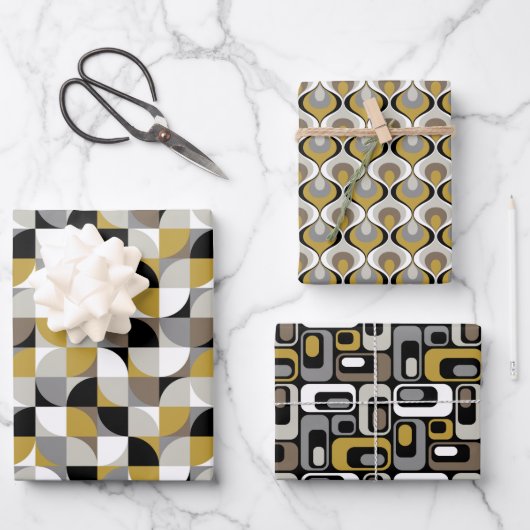 Retro-Mod-Muster Senf-Beige-Taupe-Grau Geschenkpapier Set (Vorderseite)