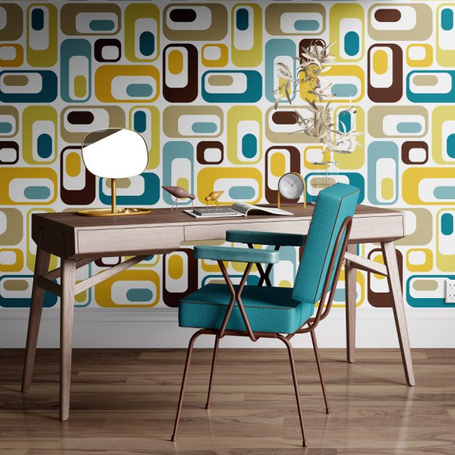 Retro Mod Ovals Teal Blue Brown Mustard Yellow Tapete (Von Creator hochgeladen)