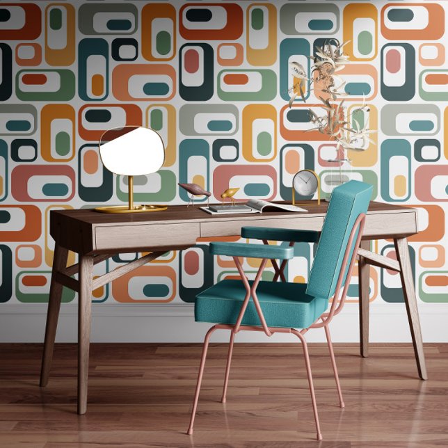 Retro Mod Ovals Teal Sage Rust Orange Pink Grey Tapete (Von Creator hochgeladen)